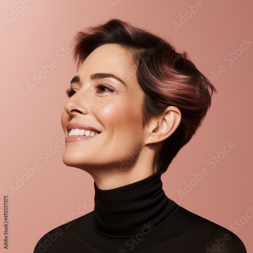 stylish fashion model female woman short hair luxury glamourus stylish makeup and cloth dress smiling carefree attractive beautiful smiling studio photo shot on plain color background portrait fashion photo