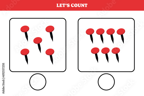 Counting game with thumbtack. Educational worksheet design for preschool, kindergarten students. Learning mathematics. Brain teaser fun activity for kids.