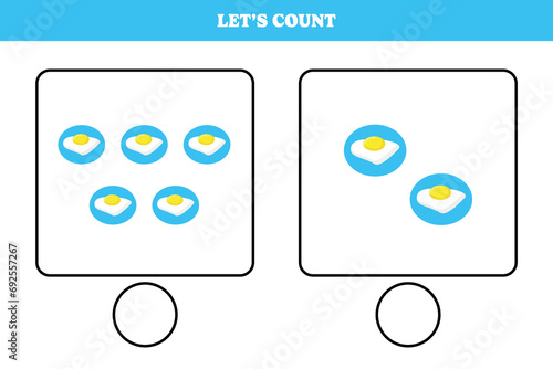 Counting game with fried egg. Educational worksheet design for preschool, kindergarten students. Learning mathematics. Brain teaser fun activity for kids.