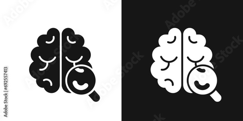 Human brain research vector icon. Brain and magnifying glass sign