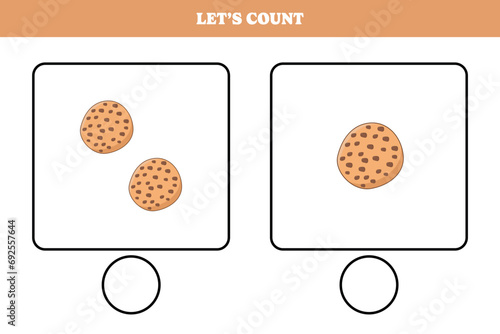 Counting game with cookie. Educational worksheet design for preschool, kindergarten students. Learning mathematics. Brain teaser fun activity for kids.