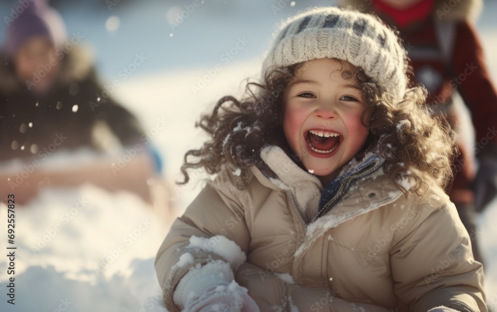 Portrait of a cute happy little child on a sled in the snow. Winter landscape. The child is dressed warmly, wearing a hat and gloves. Portrait of a cute happy little child on a sled in the snow. Winter landscape. The child is dressed warmly, wearing a hat and gloves.