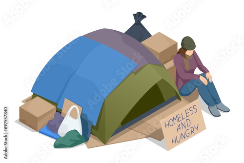 Isometric Homeless needing help, begging money woman, bum. Tent with a homeless man on the road. A homeless man asks for help,s no food or money to live on.