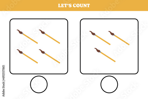 Counting game with paintbrush. Educational worksheet design for preschool, kindergarten students. Learning mathematics. Brain teaser fun activity for kids.