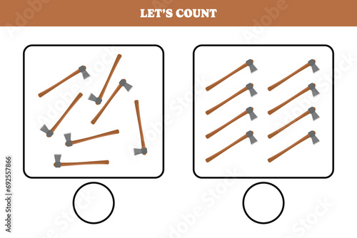 Counting game with axe. Educational worksheet design for preschool, kindergarten students. Learning mathematics. Brain teaser fun activity for kids.