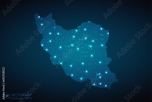 Iran map radial dotted pattern in futuristic style, design blue circle glowing outline made of stars. concept of communication on dark blue background. Vector illustration EPS10
