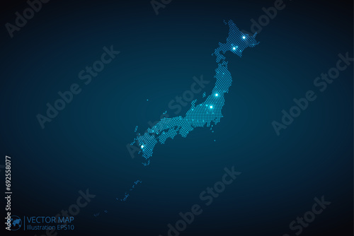 Japan map radial dotted pattern in futuristic style, design blue circle glowing outline made of stars. concept of communication on dark blue background. Vector illustration EPS10