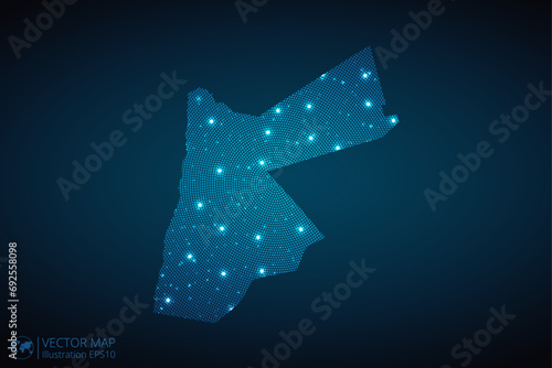Jordan map radial dotted pattern in futuristic style, design blue circle glowing outline made of stars. concept of communication on dark blue background. Vector illustration EPS10