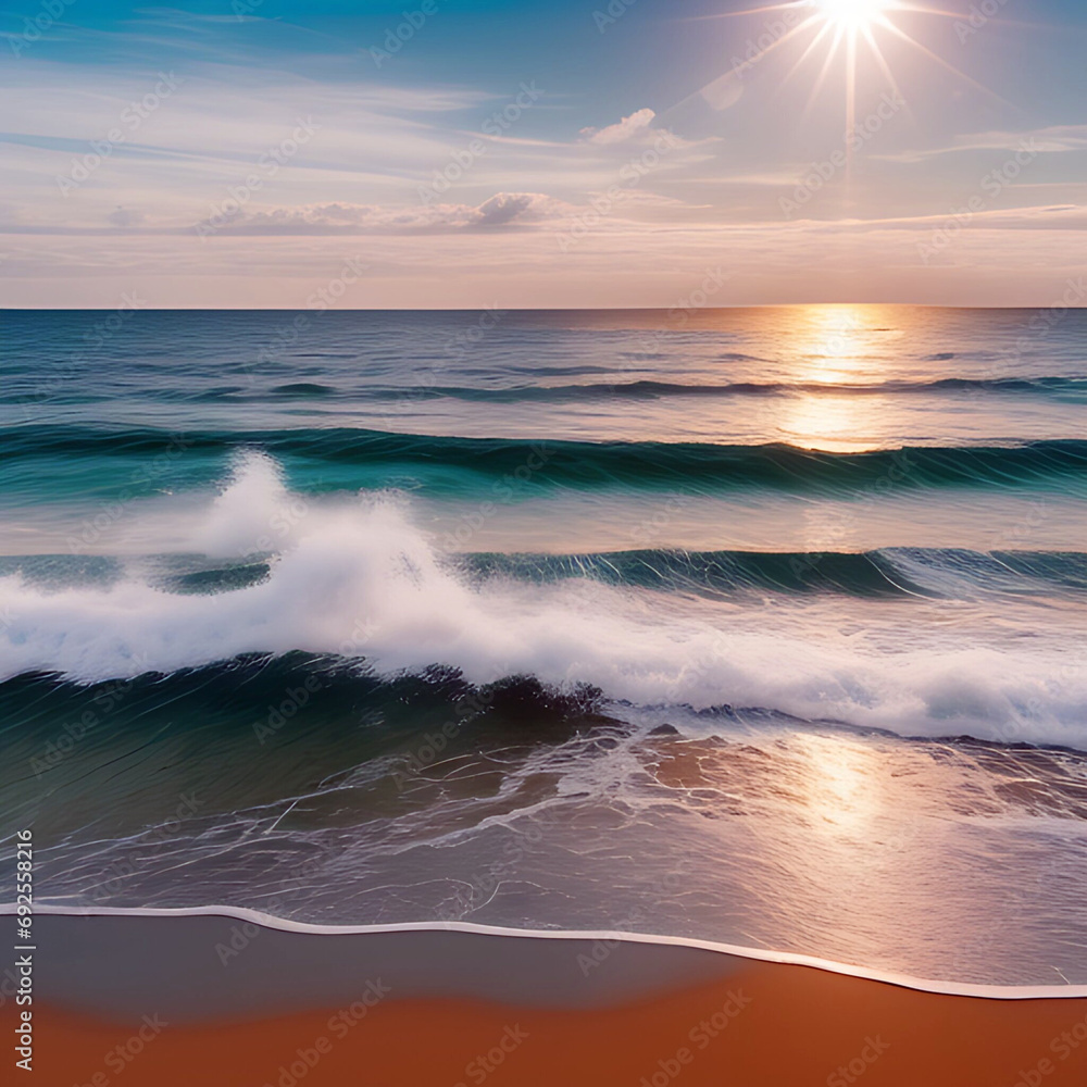 Waves from the blue sea wash up on the sandy beach, basking in the rays of the beautiful sunset.