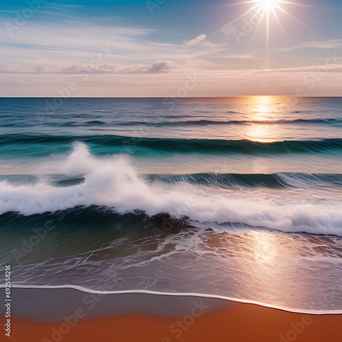 Waves from the blue sea wash up on the sandy beach  basking in the rays of the beautiful sunset.