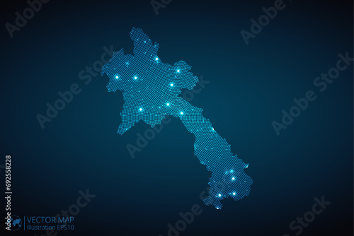 Laos map radial dotted pattern in futuristic style, design blue circle glowing outline made of stars. concept of communication on dark blue background. Vector illustration EPS10