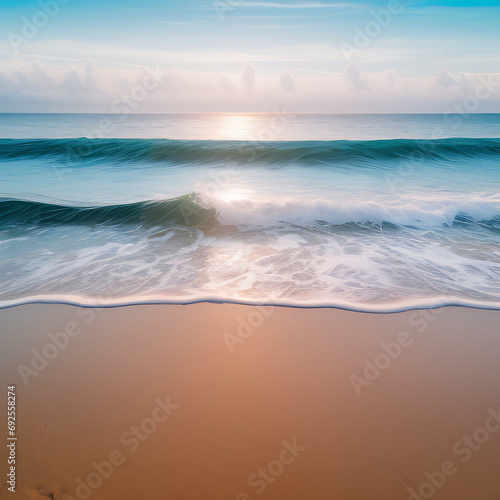 Blue waves crash onto sun-kissed sand underneath a beautiful sky.