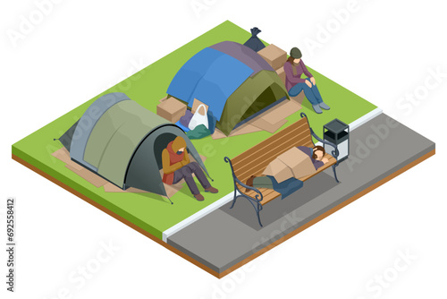 Isometric Homeless needing help, begging money man, bum. Many tents of homeless people at the side of the road Paper with the text request for help.