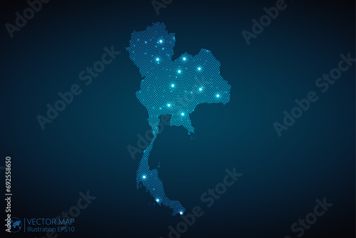 Thailand map radial dotted pattern in futuristic style, design blue circle glowing outline made of stars. concept of communication on dark blue background. Vector illustration EPS10