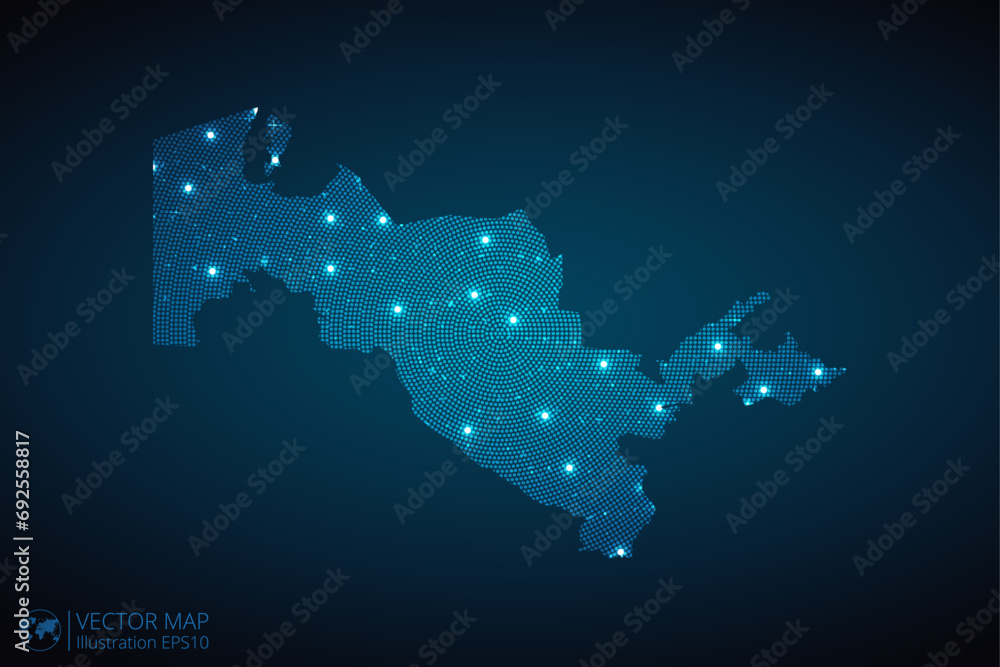 Obraz premium Uzbekistan map radial dotted pattern in futuristic style, design blue circle glowing outline made of stars. concept of communication on dark blue background. Vector illustration EPS10