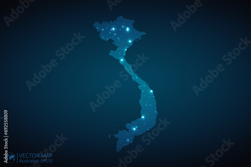 Vietnam map radial dotted pattern in futuristic style, design blue circle glowing outline made of stars. concept of communication on dark blue background. Vector illustration EPS10