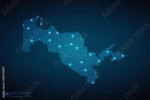 Uzbekistan map radial dotted pattern in futuristic style, design blue circle glowing outline made of stars. concept of communication on dark blue background. Vector illustration EPS10