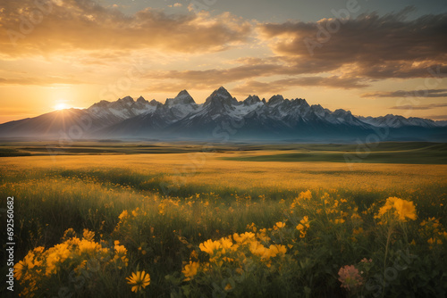 Expansive meadows bathed in the soft hues of the setting sun with the mountain in the background