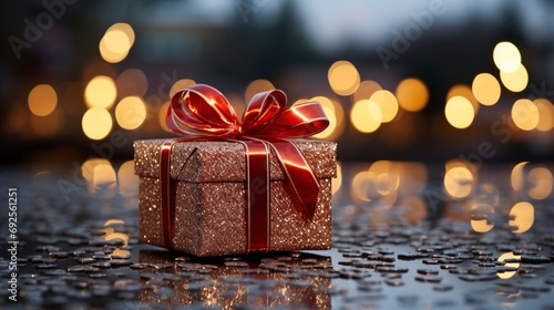 A decorative red gift box with a large golden bow standing in fresh snow against a bokeh background of twinkling lights photo