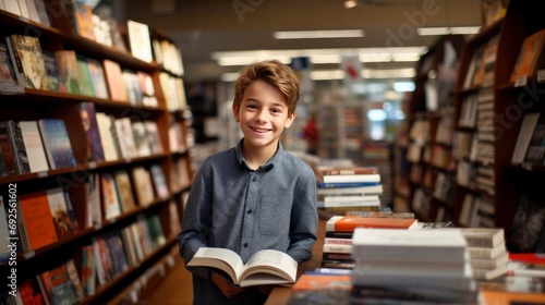 Little school boy reaches for shelf of childrens books in the bookstore