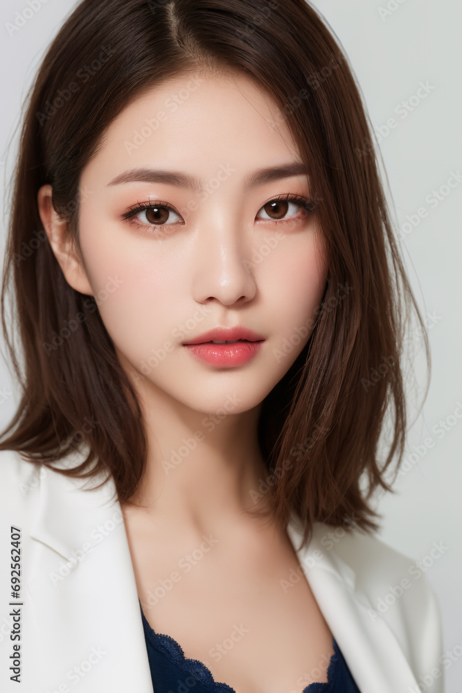 Portrait of beautiful young Japanese women with textured lob in balayage with warm caramel tones is styled with a silk camisole with lace detailing and a sharp blazer. Portrait of beautiful young Japanese women with textured lob in balayage with warm caramel tones is styled with a silk camisole with lace detailing and a sharp blazer.