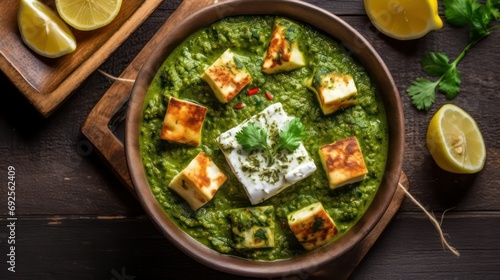 Palak paneer overhead closeup, Punjabi spinach cottage cheese dish, Indian punjab authentic curry dish photo