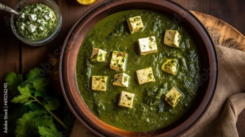 Palak paneer overhead closeup, Punjabi spinach cottage cheese dish, Indian punjab authentic curry dish photo