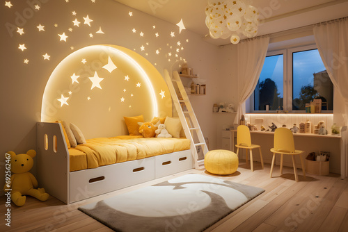 Cute stylish design for kids interior of small children room.