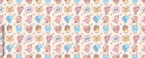 Valentines Day doodle style candy color seamless pattern, hand-drawn love theme icons cute background. Romantic mood collection.