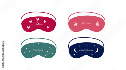 A set of sleep masks in pink, red, turquoise and blue. Night eye mask. Accessories for night, rest, travel, relaxation. Vector collection on white background.