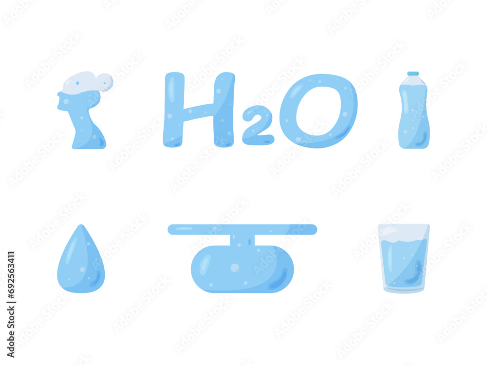Water balance set, human silhouette is 60% water, water formula H2O, drop, scales, glass and drinking water bottle. Aqua concept, healthy lifestyle. Vector illustration in cartoon style. Water balance set, human silhouette is 60% water, water formula H2O, drop, scales, glass and drinking water bottle. Aqua concept, healthy lifestyle. Vector illustration in cartoon style.