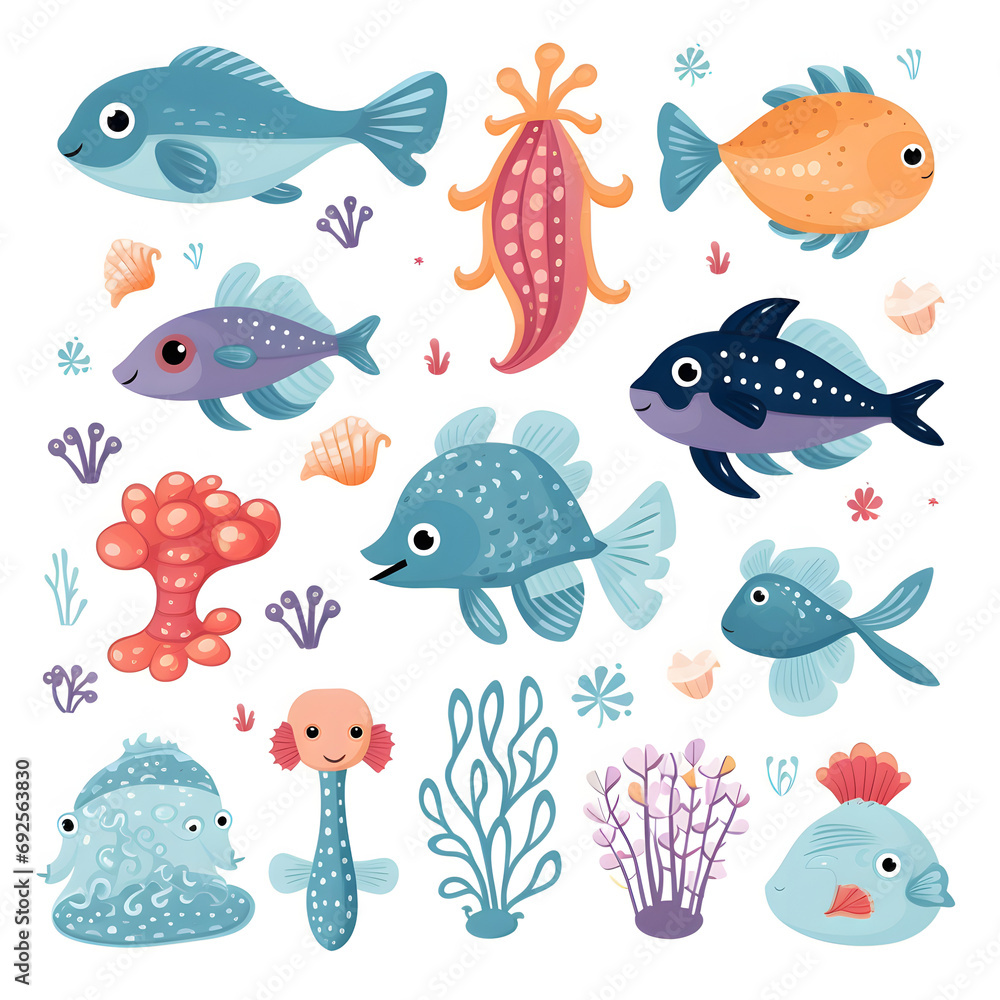 Fototapeta premium Collection of cute sea life for kids on white background.