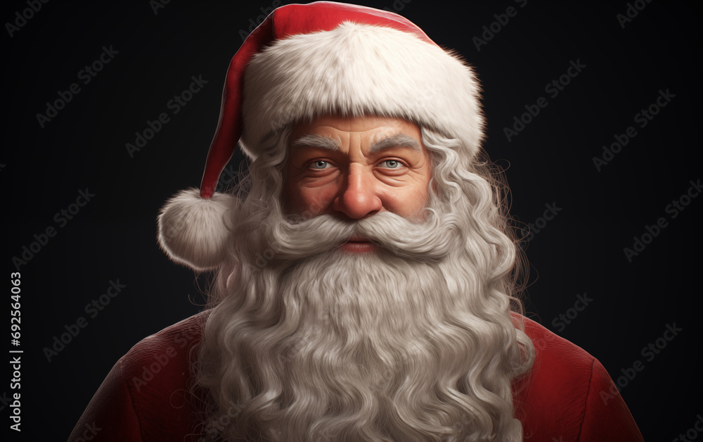 Realistic santa claus is smiling at the camera, black background.
Realistic santa claus is smiling at the camera, black background.