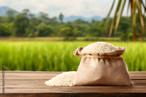 Uncooked white rice on wooden table with rice field background.