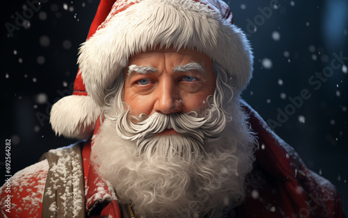 Realistic santa claus is smiling at the camera, black background. 