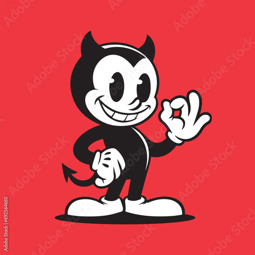Vintage cartoon devil mascot, vector illustration. Retro logo, ads character design.