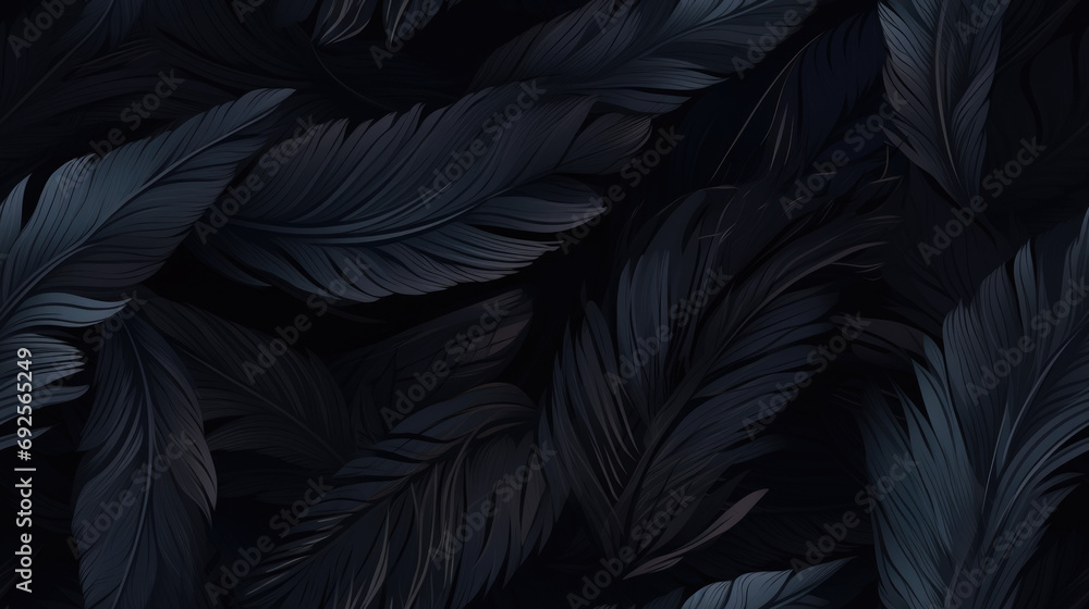 black background, black feathers background, tiled background as loop and pattern. Backround ready for tiling with black feather and realistic lights