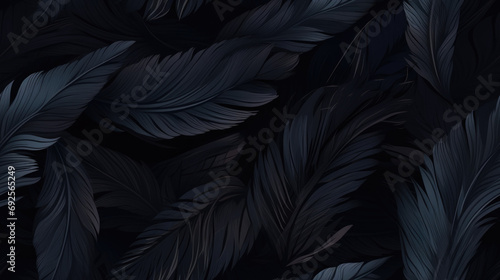black background, black feathers background, tiled background as loop and pattern. Backround ready for tiling with black feather and realistic lights © PAOLO