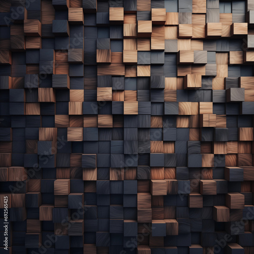 Wall made of wooden blocks in black and luxurious wood colors