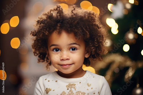 Generative AI portrait of cute adorable girl enjoying atmosphere christmas decorations