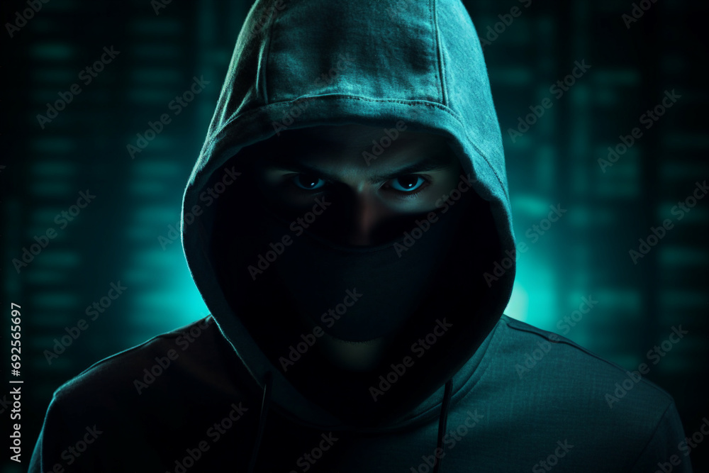 Generative AI picture of hacker criminal breaking binary code stealing data Generative AI picture of hacker criminal breaking binary code stealing data