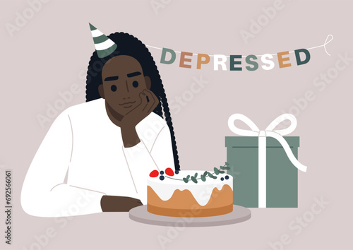 A young character, chin in hand, ponders a birthday cake and a present, feeling anxious about aging