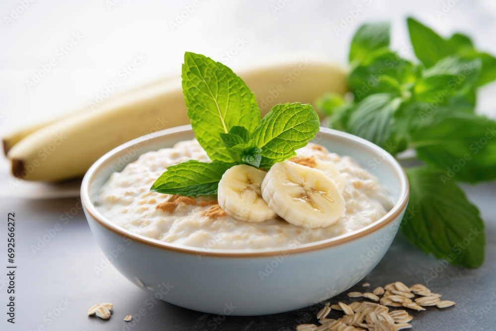 Delicious oatmeal porridge with bananas, honey and mint. Healthy breakfast food. Delicious oatmeal porridge with bananas, honey and mint. Healthy breakfast food.