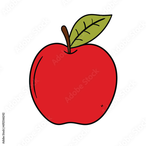 A hand-drawn doodle of a red apple with a leaf on a white background.