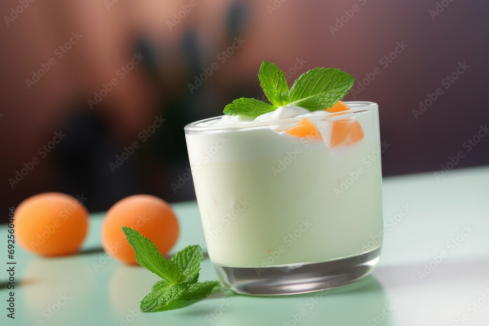 Bowl with healthy natural yogurt, fresh apricots and mint close up Bowl with healthy natural yogurt, fresh apricots and mint close up