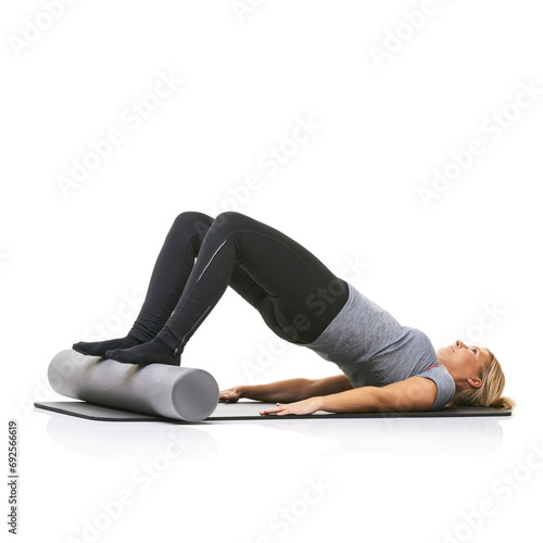 Core exercise, foam roller and studio woman with bridge workout, balance activity or wellness for gym pilates on floor. Fitness, mockup space and girl body development on yoga mat on white background