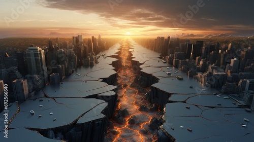 Sunset cityscape with the huge groung crack. Consequences of tectonic plate shift in the city.