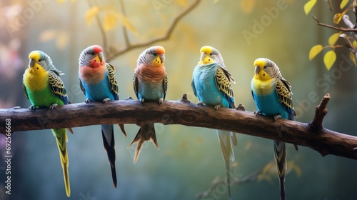 A group of colorful parakeets perched on a tree branch