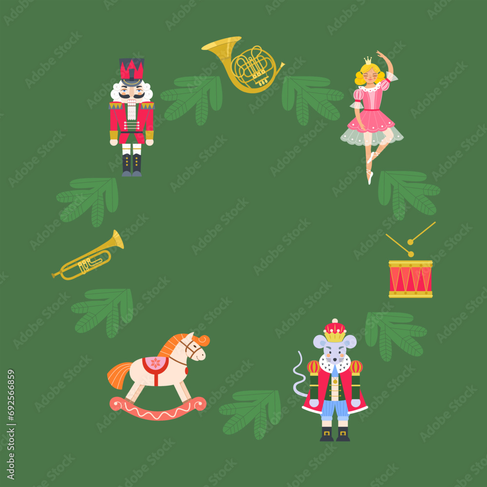 Fototapeta premium Cute vector postcard with characters from Nutcracker fairy tale: mouse king, princess, rocking horse, wind instruments, drum, Christmas tree branches.