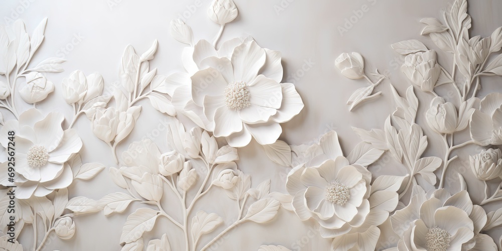white floral textured wallpaper, generative ai - obrazy, fototapety, plakaty 